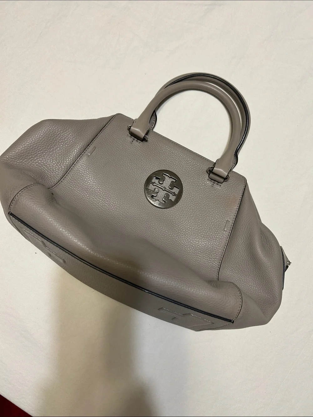 Tory Burch Pebbled Leather Satchel in Taupe Gray